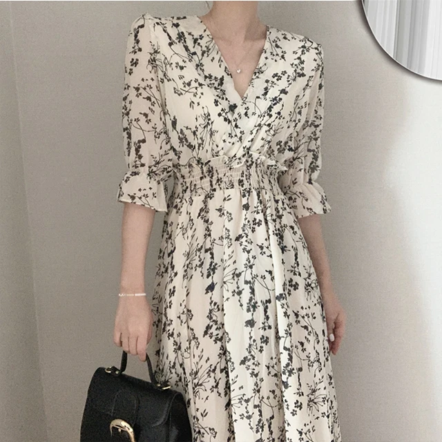 

Women Retro Floral Dress Cross V Neck Wooden Ear Slim Long Vestido Summer Elegant Chiffon Short Sleeve Dresses Femme