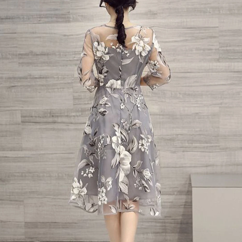 

Women Dress Summer O Neck Polyester Mesh Sleeve Floral Prnt Large Double Layer Midi Dress Light Gray femme robe