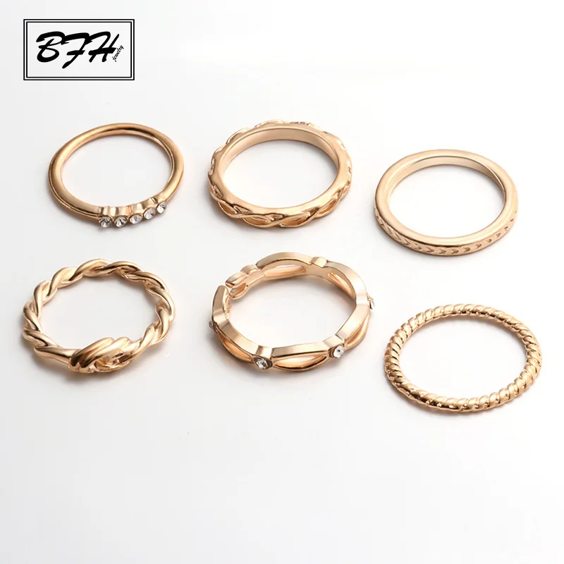 6Pcs Gold1 BFH винтажные золотые кольца для женщин богемное этническое Серебряное сердце лук твист палец кольцо Набор костяшки модные ювелирные изделия - Цвет основного камня: 6Pcs Gold1