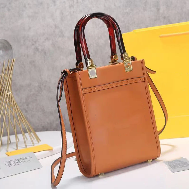 

2021 new mini Sunshine Shopping Bag amber handle hand messenger bag Vintage Leather Shoulder Bag hand sewing line design tot bag