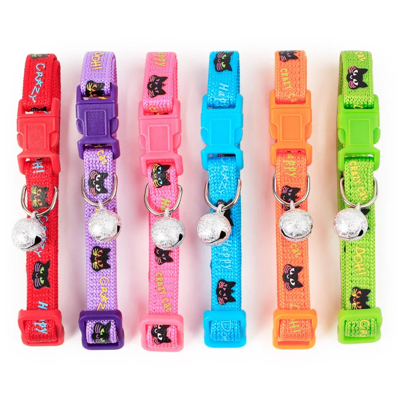 

Cute Cat Collar with Bell Accessories Nylon Printed Cartoons Crazy Kitten Letter Necklace Cats Products Collars Sash Small Bell