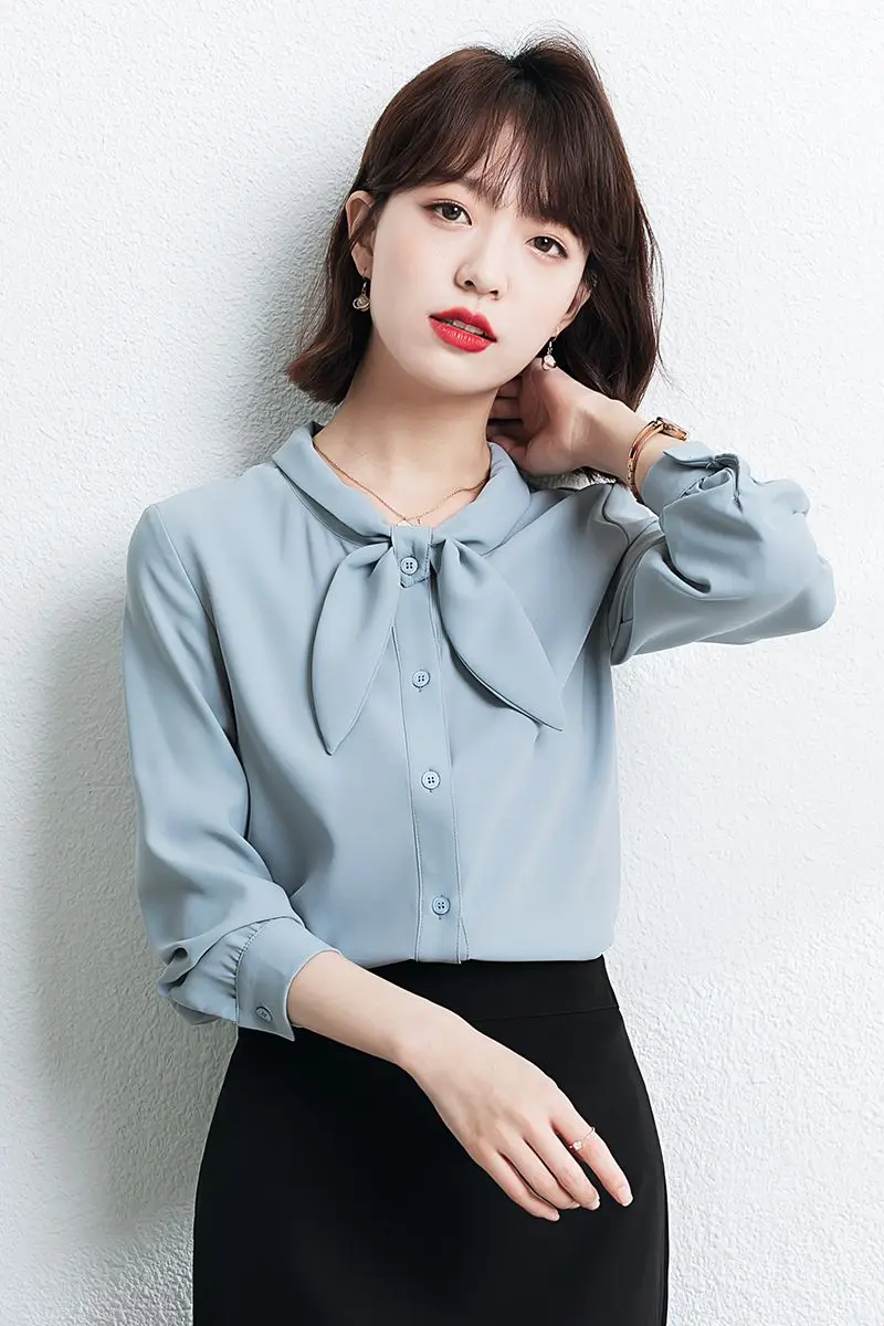 

COIGARSAM Shirt Womens Tops Spring 2021 New Vintage Full Sleeve Solid Straight Light Blue Women Shirts