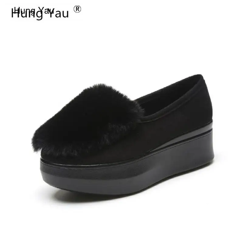 

Hung Yau Slip On Shoes Platform Flats Winter Boots Fashion Real Fur Shoes For Woman Thick Bottom Shoes Female Low Cut Casuals