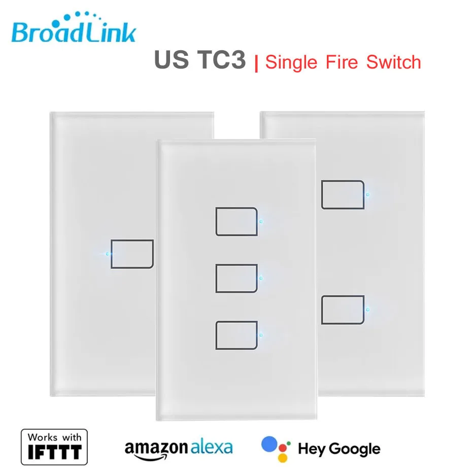 

BroadLink TC3 WiFi Touch Switch US 1 2 3 Gang Wall Light Switch Smart Remote Control No Neutral Required Alexa Google Home Voice