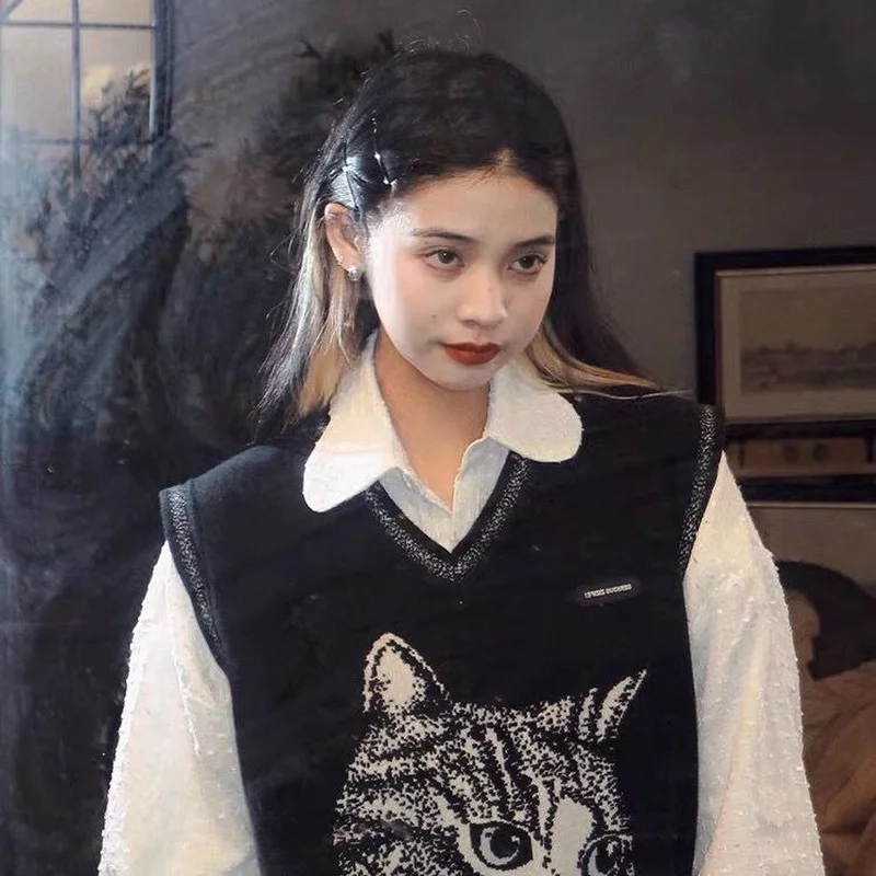 Женский винтажный жилет koshiki в стиле Харадзюку С мультяшным принтом кота и