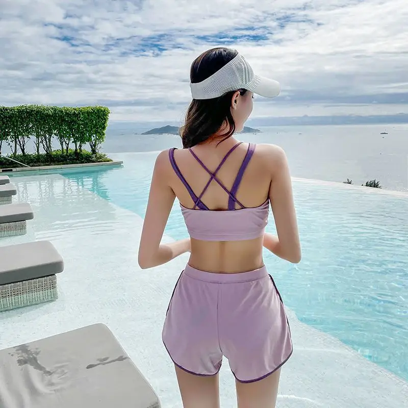 

Women's Swimsuit Split Three-Piece Suit Cover Belly Look Thin Conservative Small Chest Gathered Beach Long-Sleeved Swimwear