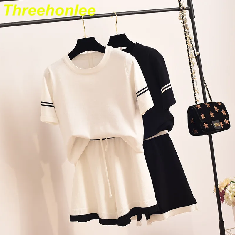 

Design Color contrast Knitted Tracksuits Summer O-neck Short Sleeve Pullover Tops + Striped High Waist Shorts 2 Piece Sets Women