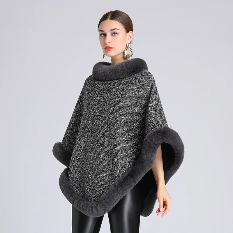 

Hodisytian Women Cloak Coat Thick Knitted Elegant Capes Casual Faux Fur Collar Streetwear Pullovers Female Poncho Outerwear