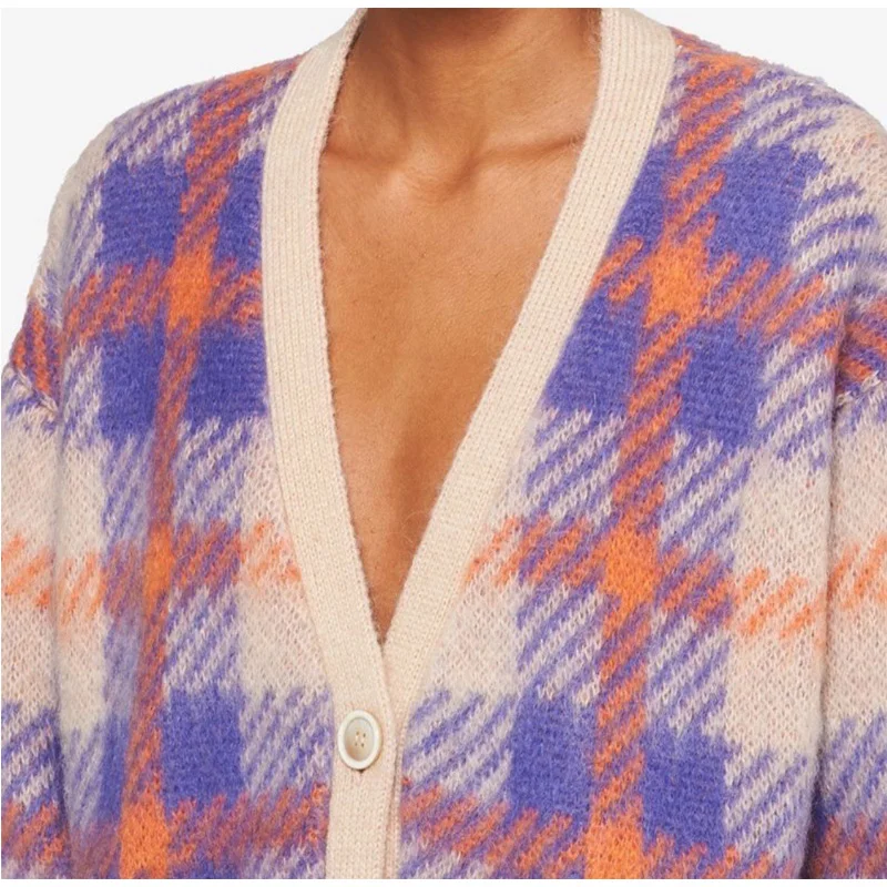 

Long Sweater Cardigans Women Loose Casual Vintage Purple Plaid Single Breasted V-Neck Designer Brand Knitted Coat Outwear Za Top