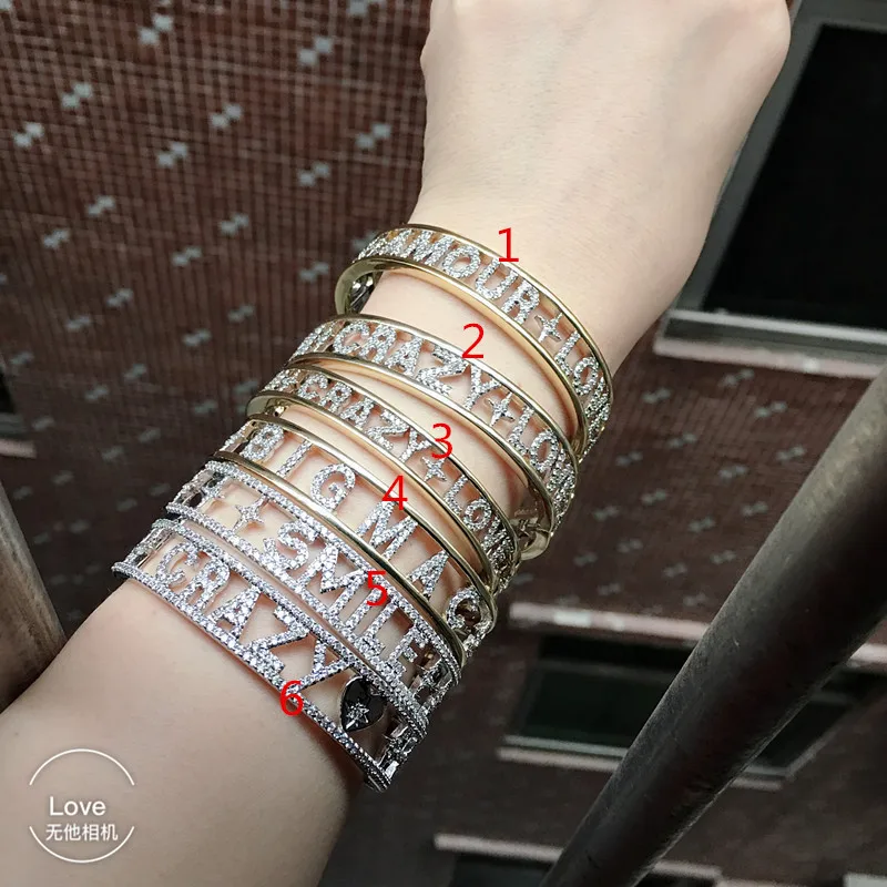 women female bangle zircon wide lettter BIG MAC SMILE FUN CRAZY LOVE AMORE AMOUR LOVE CRAZY bracelet positive sentence bangle