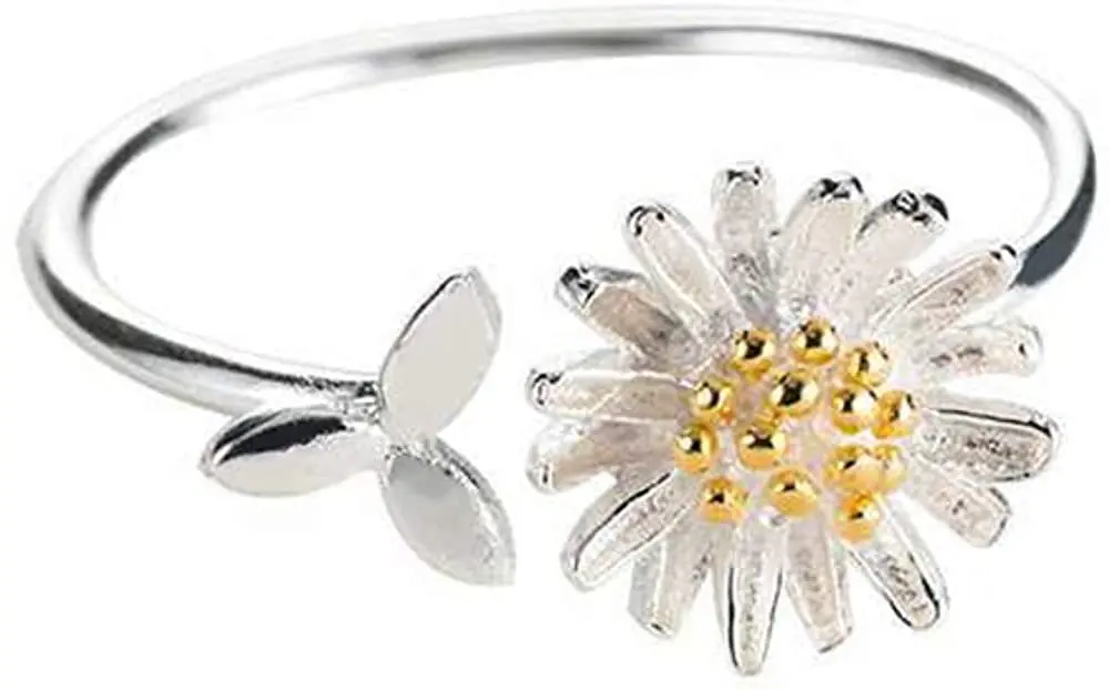 

Милые серебряные обручальные кольца с цветком маргаритки и листьями, изящные Регулируемые кольца в виде подсолнуха для женщин