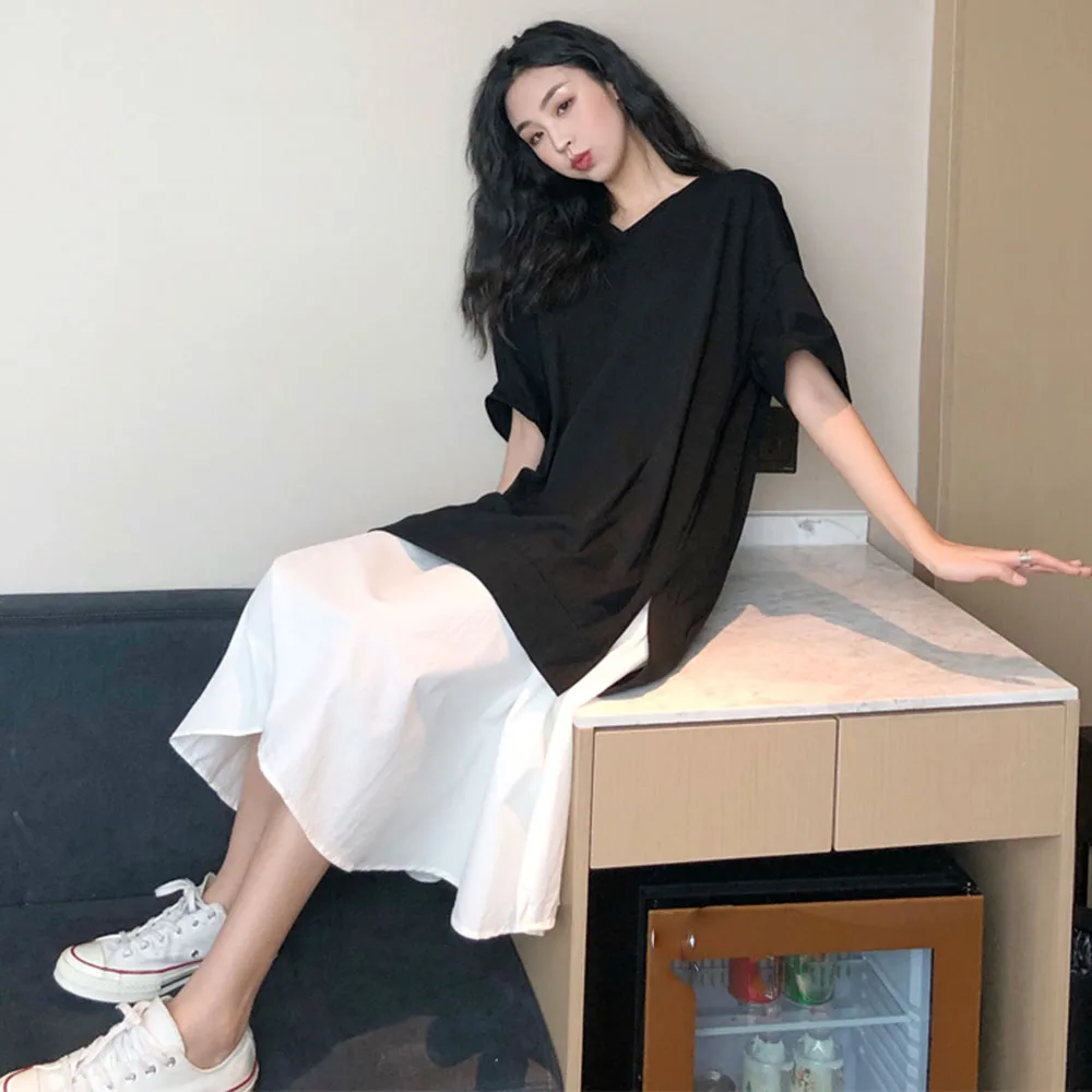

2021 Summer Japanese Korean Version Fashion Women's Dress Loose Casual Simple Color Contrast Splicing Round Neck Summer