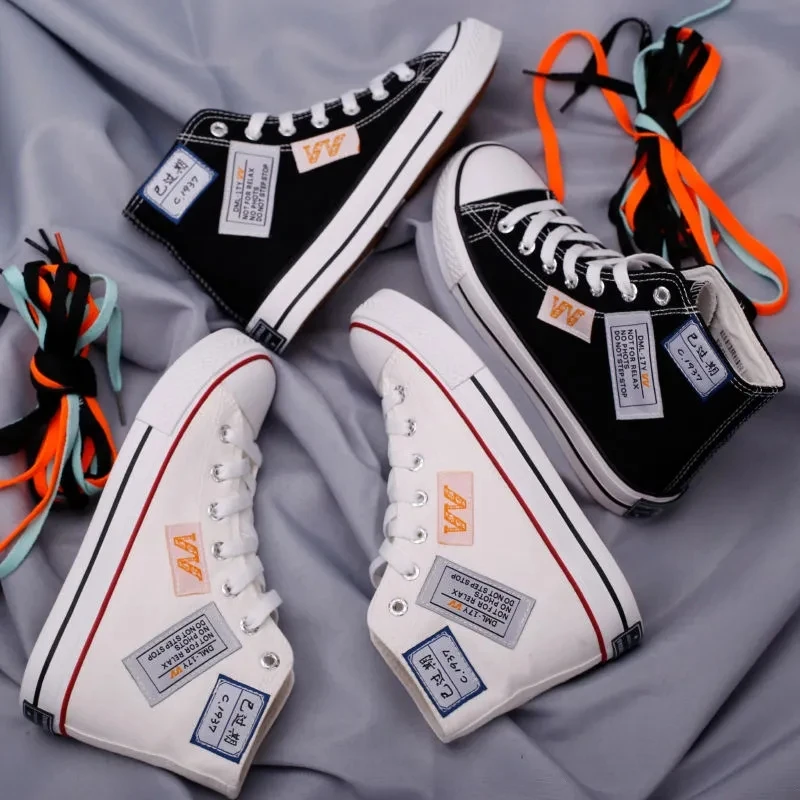 

Summer High-Top Plus Size Women Vulcanized Shoes Fashion Personality Label Ladies Flat Lace-Up Canvas Shoes New Couple Sneakers