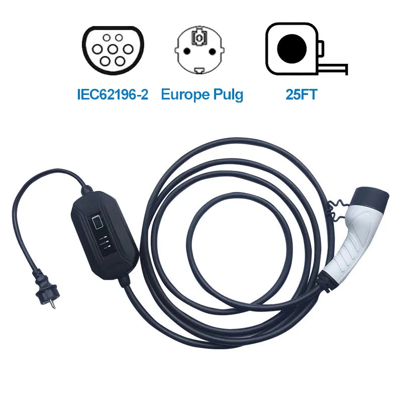

Input Portable 16A Schuko Connector IEC 62196-2 Type 2 Electric Car Charging Level 2 EV Charger Plug 5m Black Cable EU Plug