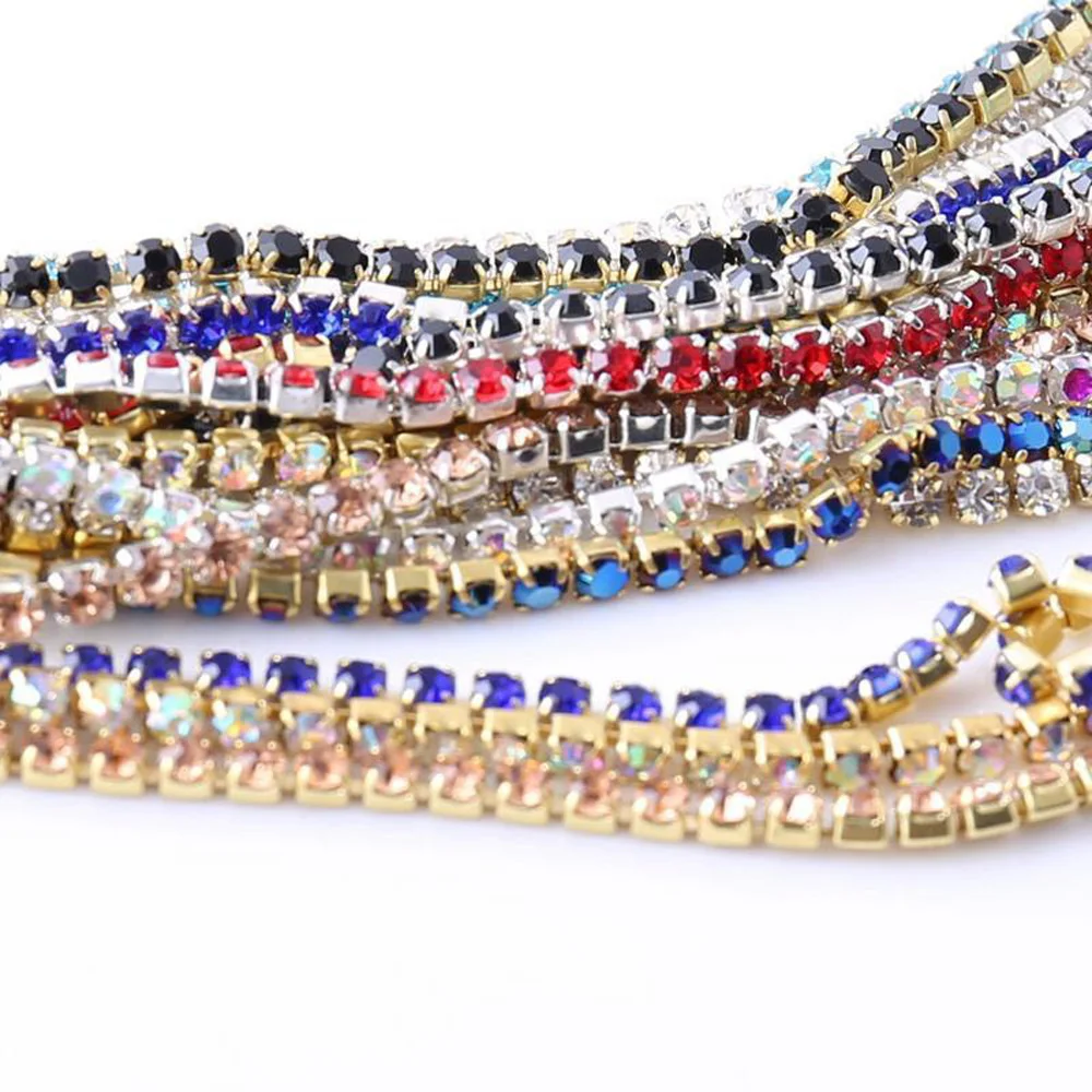 

Color Chain 1Meter/piece Crystal glass Sewing Rhinestone Chain gold bottom sew on Cup Chains For diy Garment Bags decoration