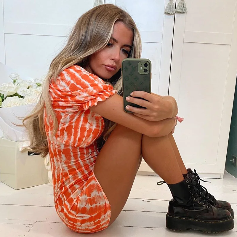 Forefair Autumn Sexy Printed Women Mini Dress Short Puff Sleeve Streetwear Orange Pullover V Neck Stylish Party Pencil | Женская одежда