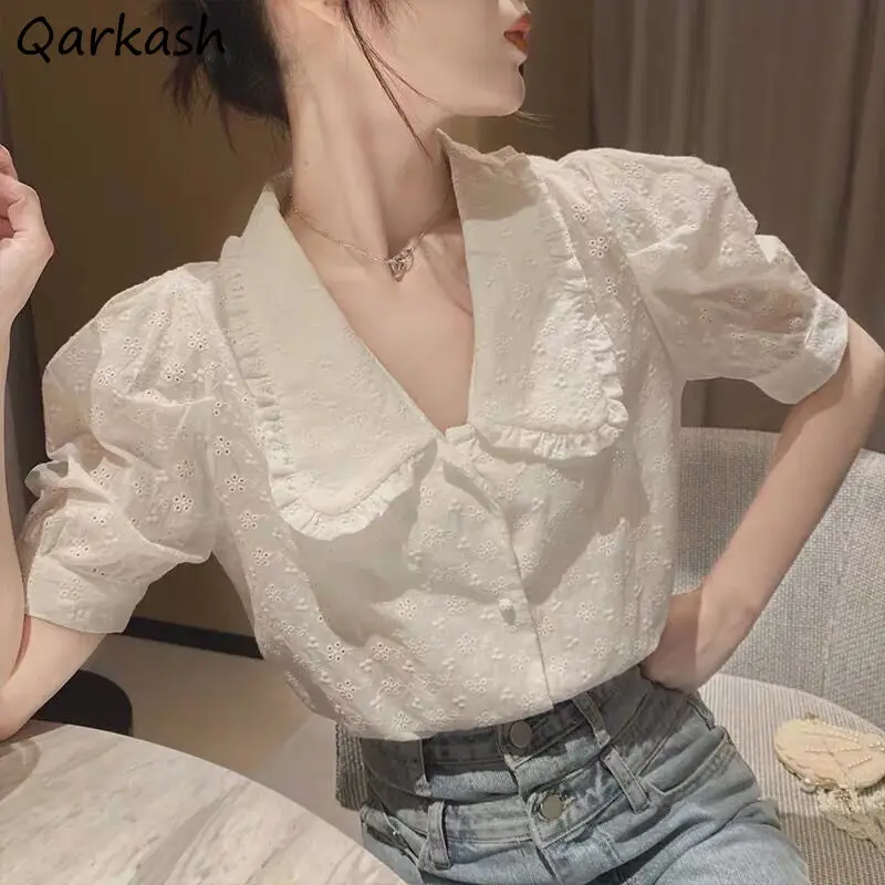 

Shirts Women Summer New French Sweet Design Puff-sleeve Tops All-match White Fashion Peter Pan Collar Loose College Breathable