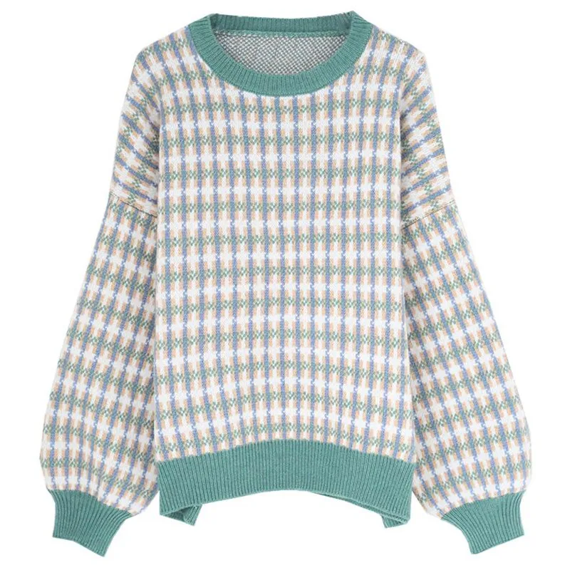 

Retro Wind Sweater Female Ins2021 New Loose Plaid Pullover Long-sleeved Sweater Autumn And Winter
