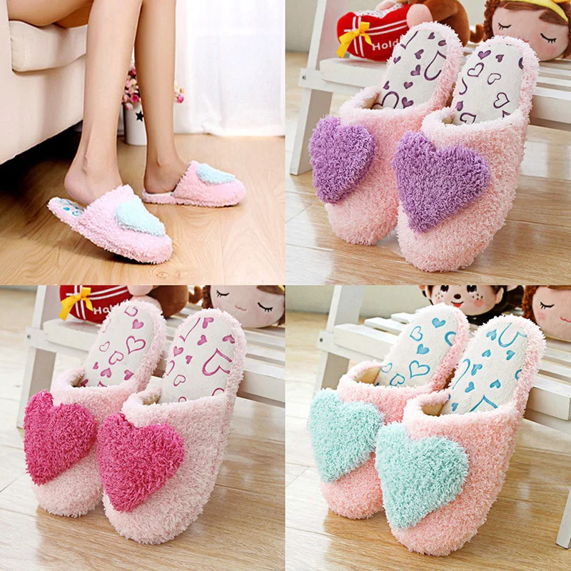 Women's Home Shoes Indoor Candy Color Cotton Blend Plush Padded Heart Slippers 23GE
