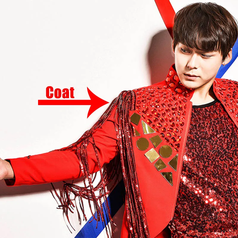 Red Long Sleeve Coat Новое зеркало высокого качества костюм для мужчин певцы сценическая одежда куртка с бахромой Мужская одежда для певцов в ночном клубе костюм BL2054 - Цвет: Red Long Sleeve Coat