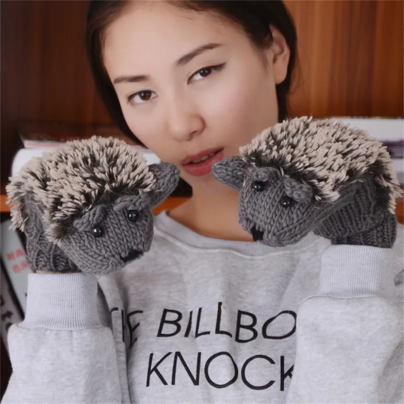 

NDUCJSI Winter Gloves Hedgehog Gloves Women Warm Knitting Wool Cute Warm Mittens Fingerless New Fingers Thick Cartoon Mitten