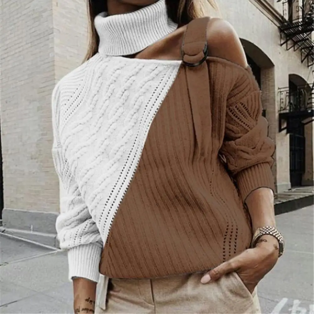 

Women Color Block Sweaters Turtle Neck Adjustable Strap One Shoulder Knitted Sweater Autumn Winter Button Loose Pullover пальто