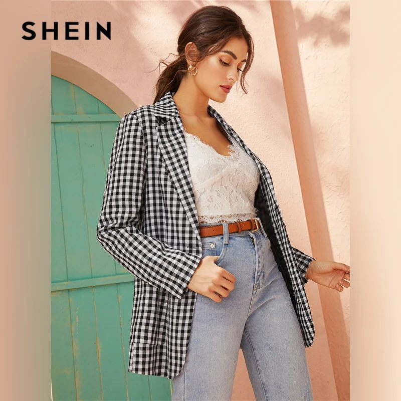 SHEIN черный и белый блейзер в клетку с зазубренным воротником для женщин; сезон осень-весна; однобортные повседневные блейзеры в клетку