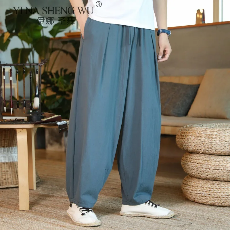 Для мужчин японский Стиль свободные штаны костюм самурая Винтаж мужские брюки