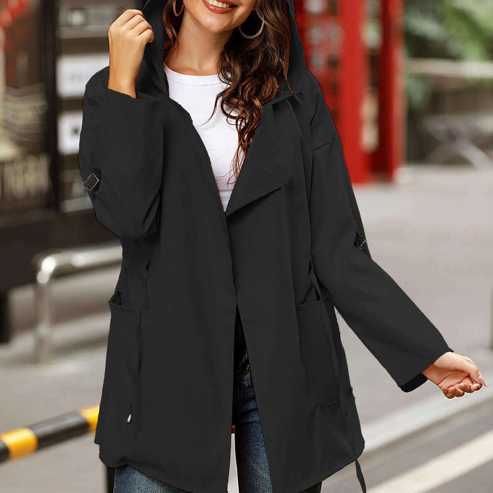 

Women Autumn Winter Solid Color Long Sleeve Hooded Coat Waist Drawstring Jacket Women Clothing