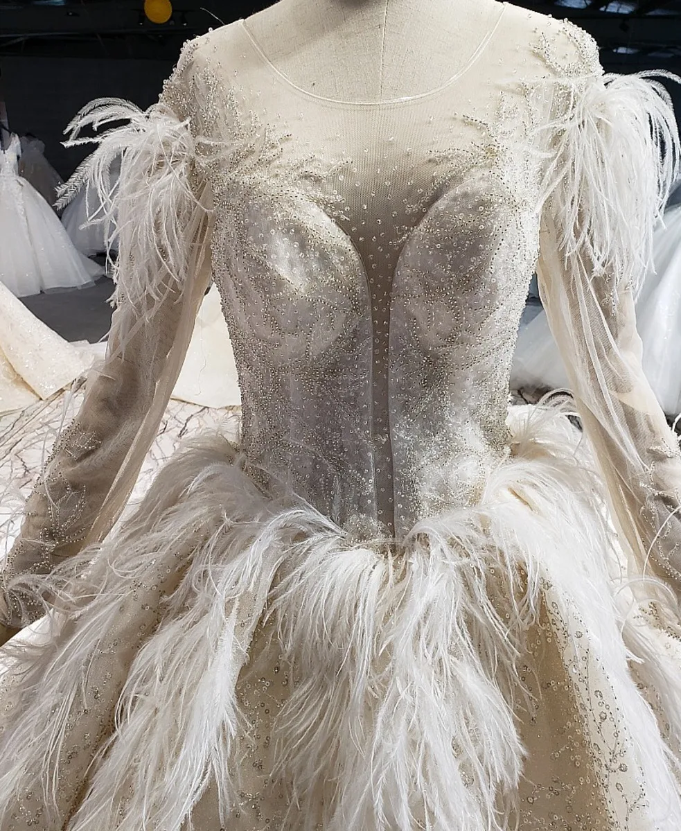 Boho Свадебные платья с круглым вырезом и длинными рукавами свадебные перьями