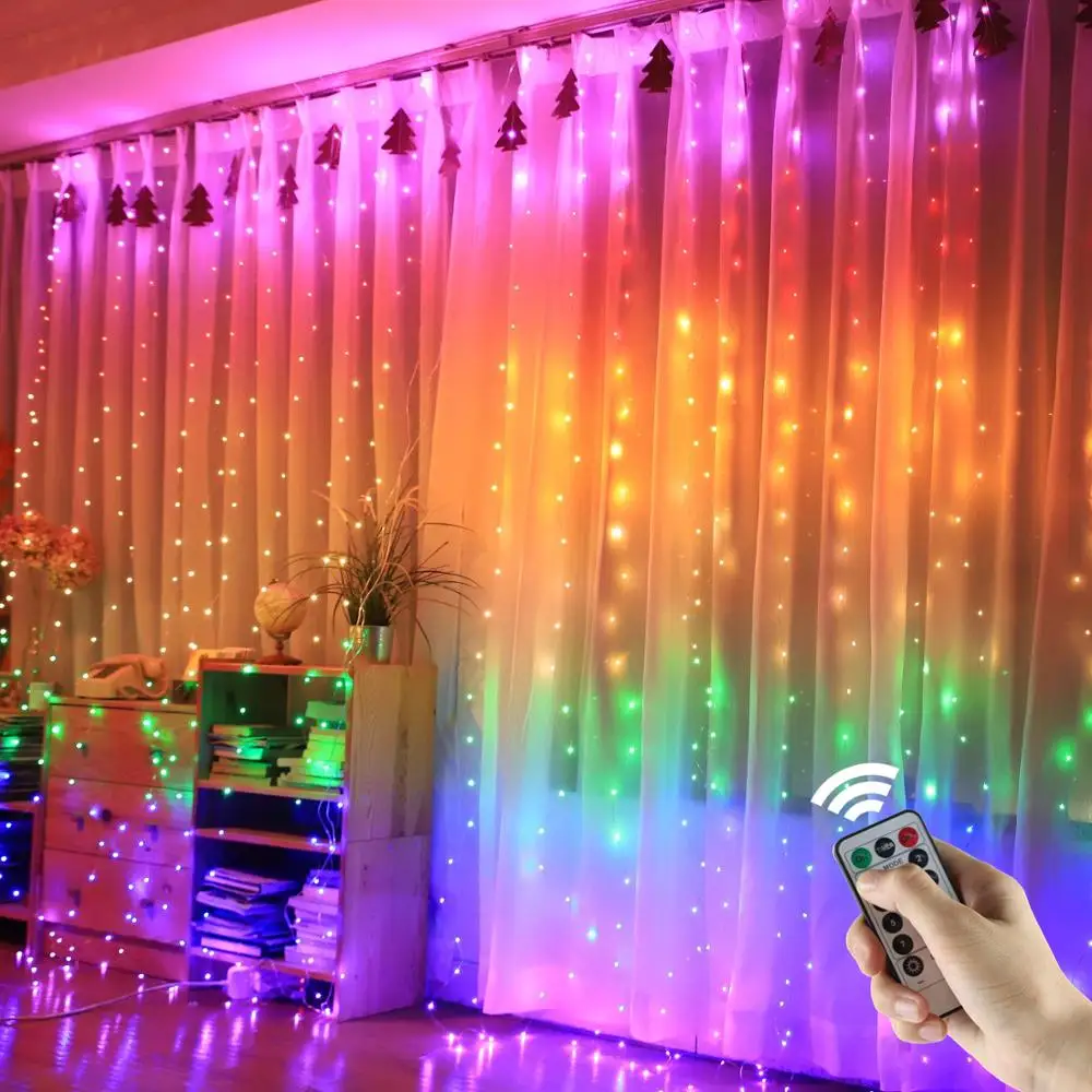 

3x3/3x2.8m Fairy Lights Rainbow Christmas LED String Lights For Wedding Party Window Home Outdoor USB Remote Control Garland