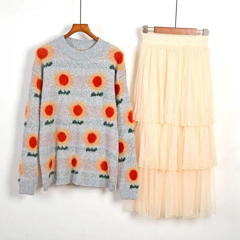 Осень-зима 2019 комплект из 2 предметов женский свитер с цветочным принтом + длинная