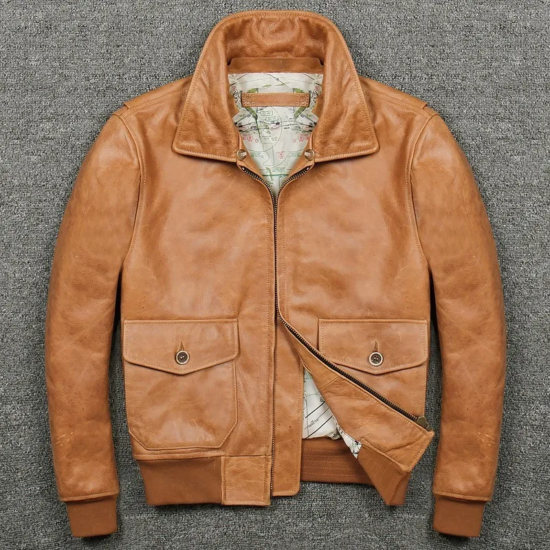 Мужская осенне-зимняя куртка-пилот оранжевое пальто из натуральной кожи с