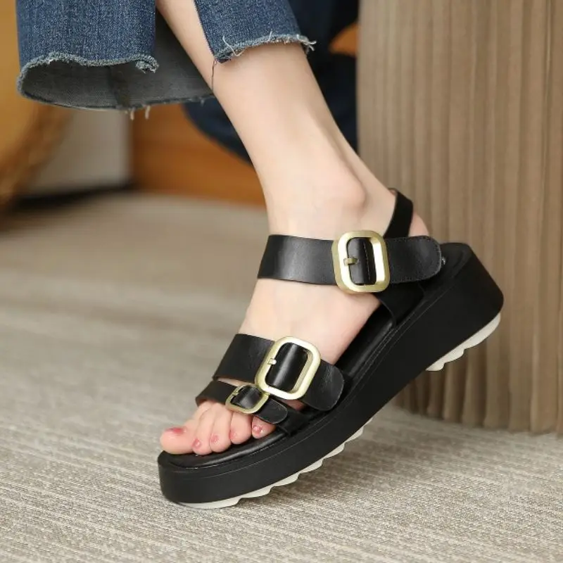 

KemeKiss Women Summer Sandals Real Leather Buckle Thick Bottom Shoes Women Summer Fashion Casual Party Shoes Women Size 34-39