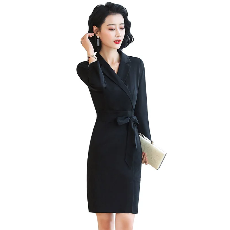 Черное женское платье с длинным рукавом Новинка весна-осень 2021 профессиональное