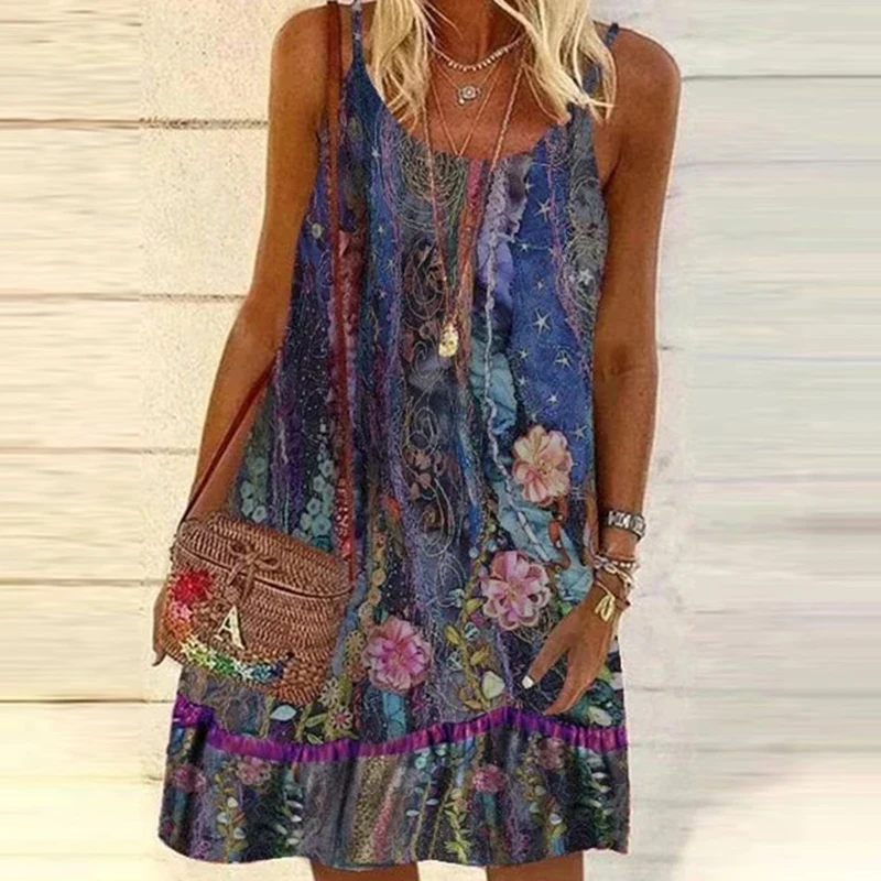 

3XL Elegant Women Sleeveless Sling A-Line Dresses Vintage Floar Print Design Dresses 2021 New Female Summer Holiday Casual Mujer