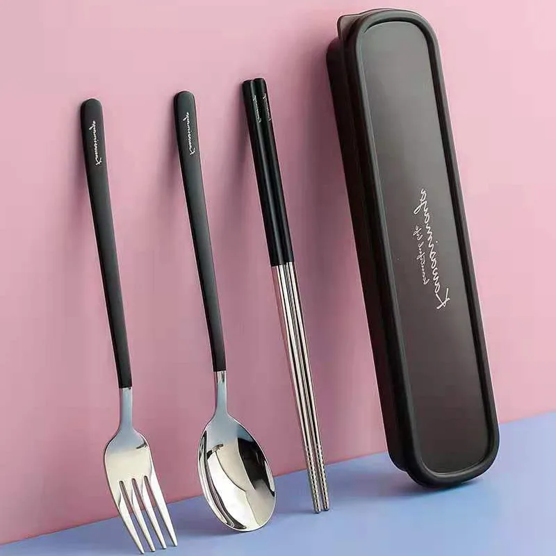 

Chopsticks Spoon Fork Set Of Three Stainless Steel Solid Color Portable Cutlery Box For Students And Office Workers To Go Vajill