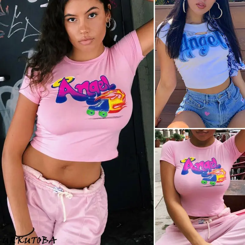 Женские футболки с принтом ангела летние коротким рукавом модные облегающие