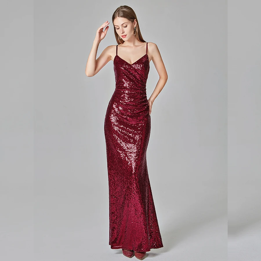 Женское вечернее платье на бретельках длинное Бордовое без рукавов с блестками и