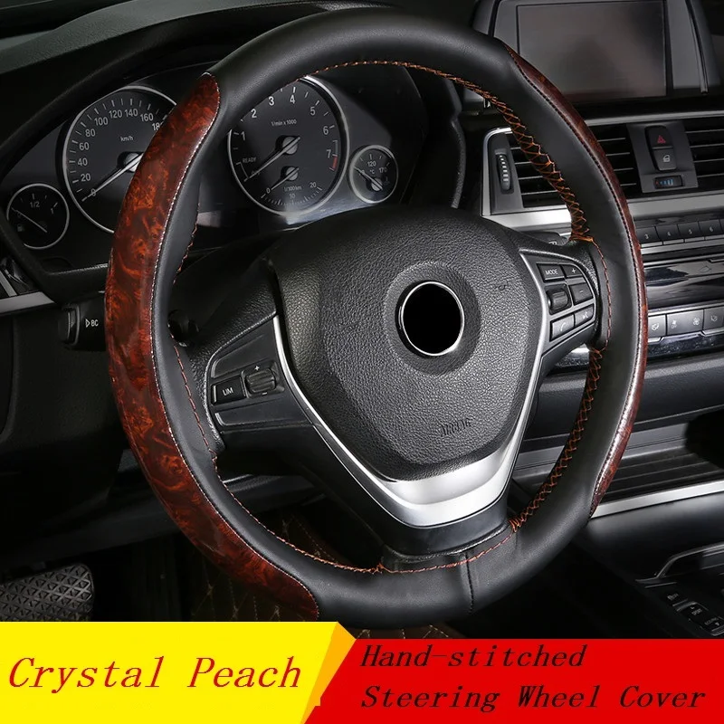 

Car Steering Wheel Cover Crystal Mahogany Leather Braid On The Steering-Wheel Of Car With Needle and Thread Interior Accessories