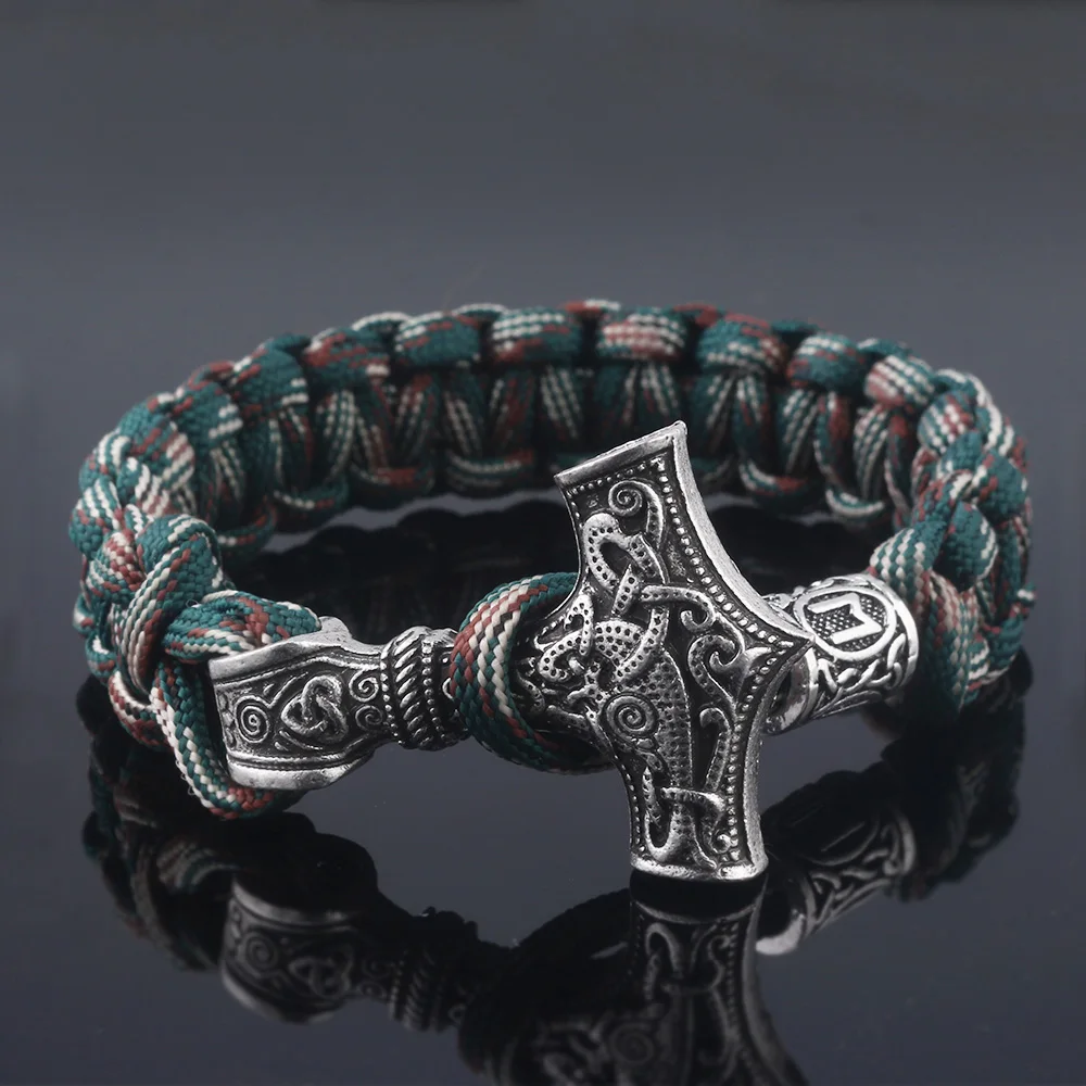 

Paracord Handmade Rope Norse Viking Wristband Bracelet Thor's Hammer Charm Nordic Runic Bead Bracelets Bangles for Men Jewelry