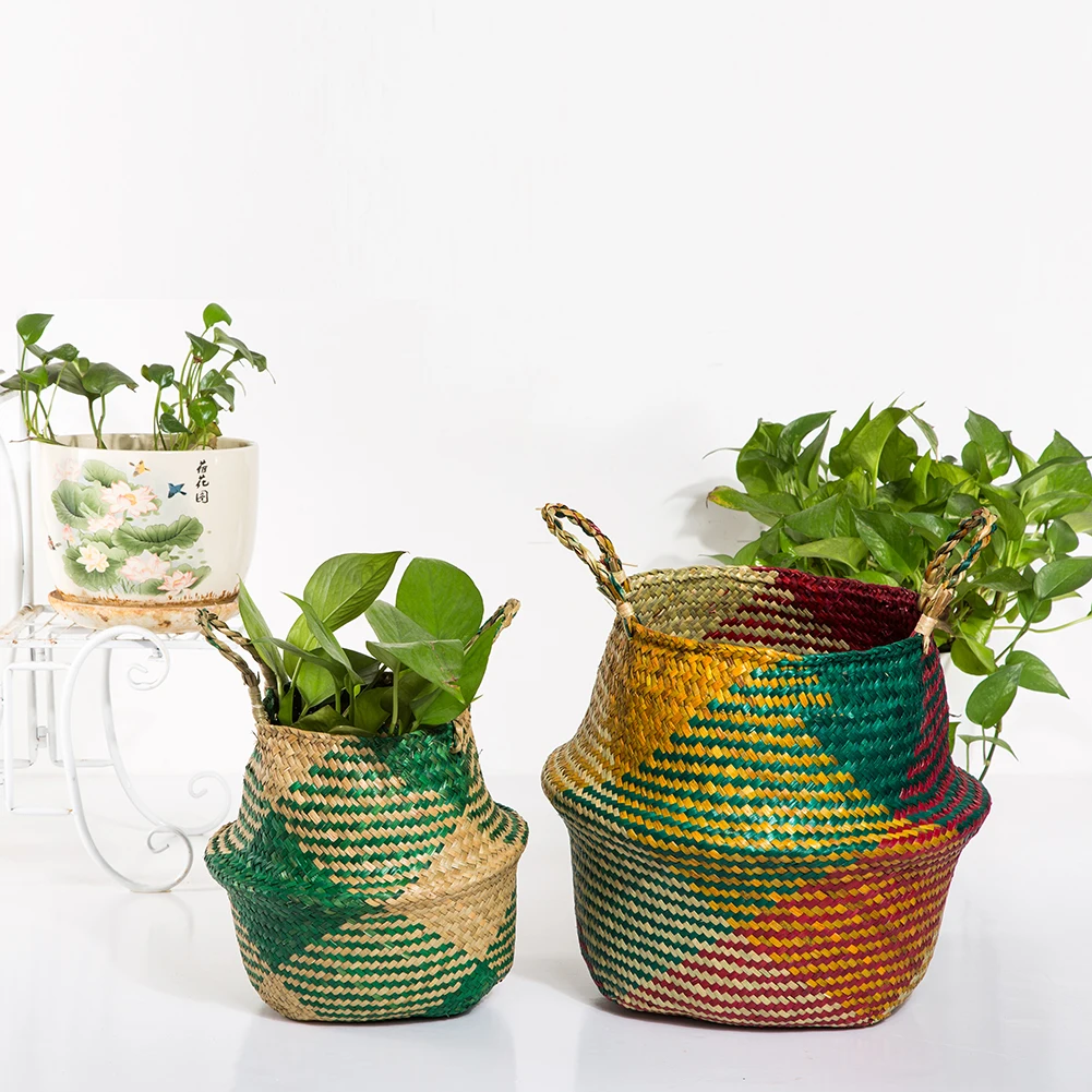 

WHISM Seagrass Flower Pot Basket Foldable Straw Hanging Flowerpot Handmade Rattan Storage Laundry Basket Home Garden Planter