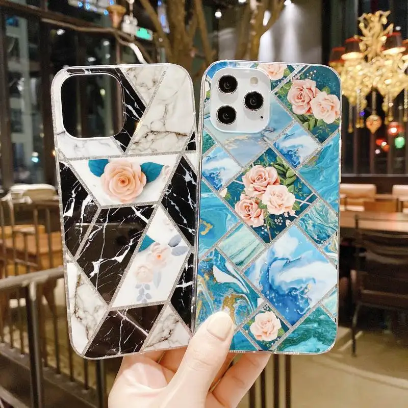 

Bling Soft TPU Phone Case For iPhone 12 11 Pro Max XS XR X 7 8 8Plus 7Plus SE 2020 Splicing Marble Flowers Back Cover Coque