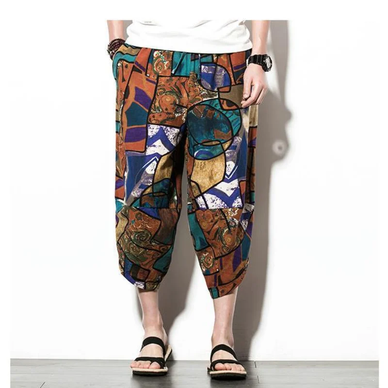 

Japanese Summer Linen Cropped Trousers Men's Solid Color Casual Loose Large Size Harem Pants 3/4 Pants Men's Trousers