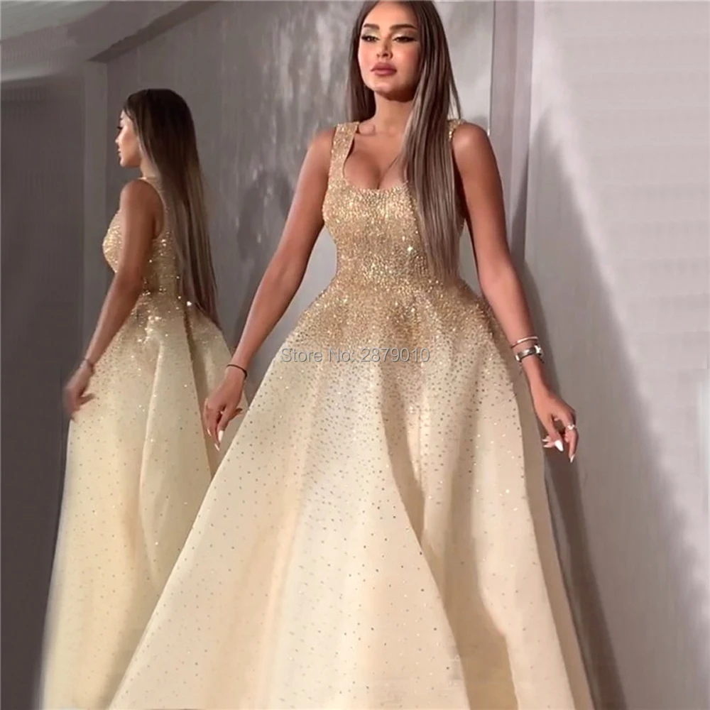 

Glittery A-Line Evening Dress Floor-Length Sleeveless Prom Dress Sequins Robe De Soiree Aibye Middle East Vestido de festa Dubai