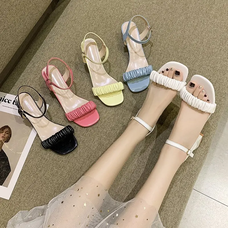 

2021 Summer Women Sandals High Heels Shoes Woman Thick Heel Sexy Ankle Strap Pleated Solid Black Sexy Comfortable Beach Sandals