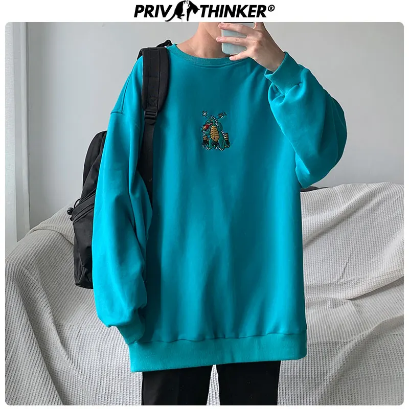 Privathinker Для мужчин осенне-вышивкой в виде динозавра; пуловеры толстовки Для мужчин s 3 цвета худи с круглым вырезом мужской модная Корейская толстовка