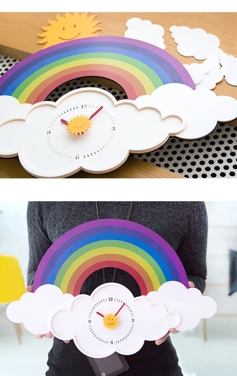 

Cartoon Cute Wall Clock Rainbow Kids Bedroom Unique Wall Clock Modern Design Colorful Wanduhr Room Decoration Accessories AA50WC