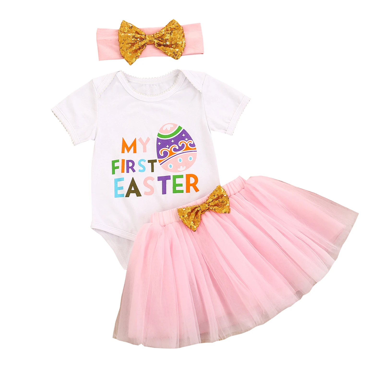 

3Pcs Newborn Easter Outfits Baby MY FIRST EASTER Print Short Sleeve Round Neck Bodysuit Bowknot Yarn Skirts Headband