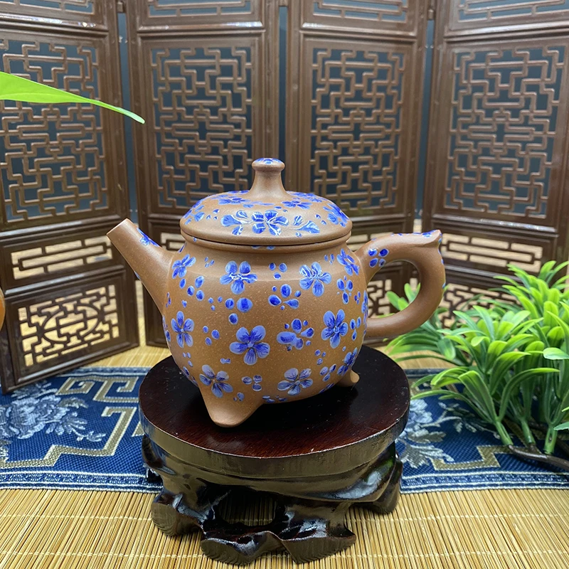 

Yixing purple clay teapot with green bottom trough, blue and white three-legged pot, Kungfu tea set, teapot capacity 220ml